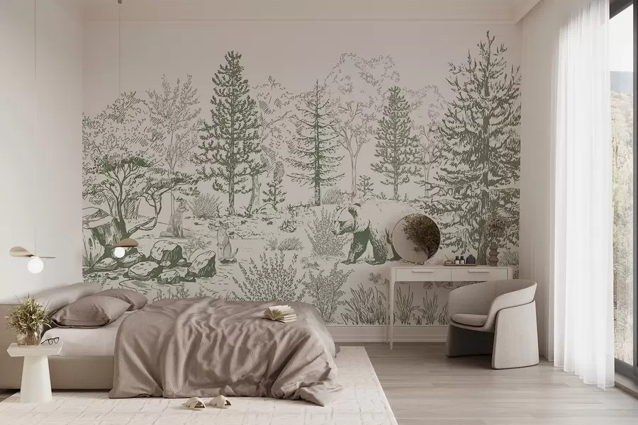 wall murals Живот у шуми, дрвеће, дивље животиње, медвед, лисица, сова, жбуње, цртеж у стилу оловке, зелене боје w02929v2