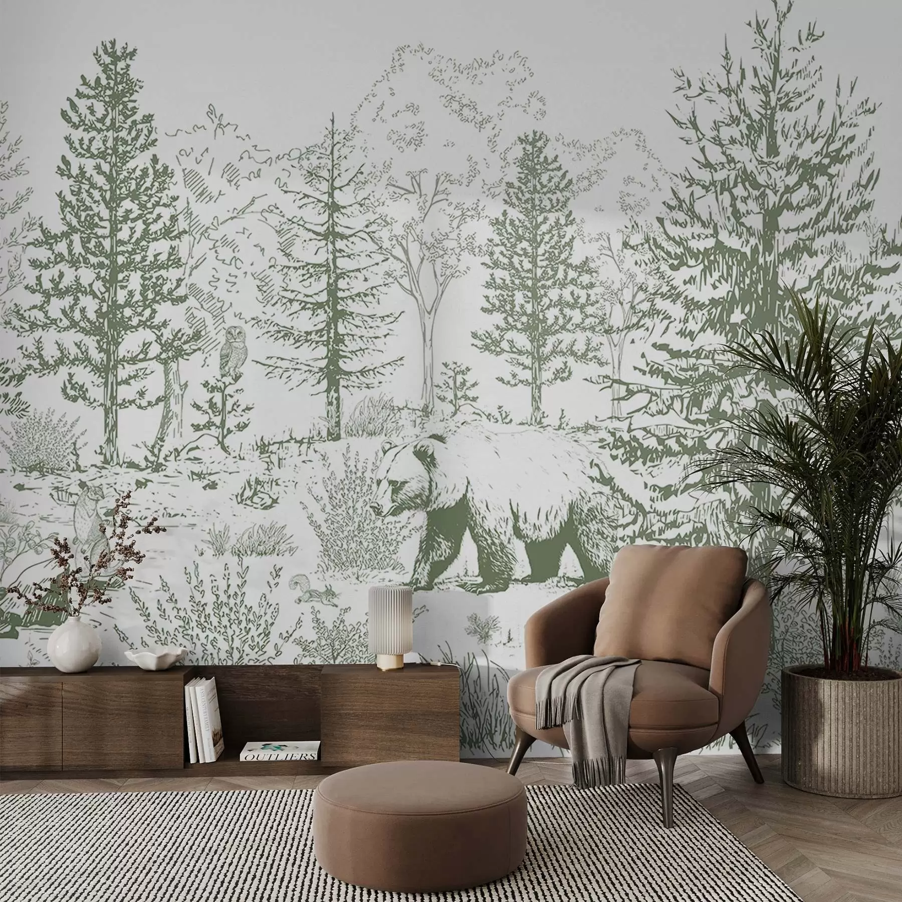 wall murals Живот у шуми, дрвеће, дивље животиње, медвед, лисица, сова, жбуње, цртеж у стилу оловке, зелене боје w02929v2