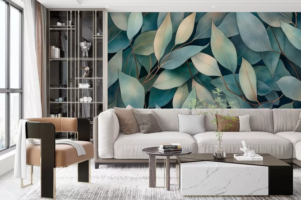 wall murals Листови еукалиптуса, цртеж у стилу акварела, цветни узорак, зелене боје w02931