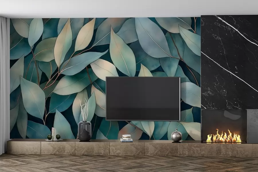 wall murals Листови еукалиптуса, цртеж у стилу акварела, цветни узорак, зелене боје w02931