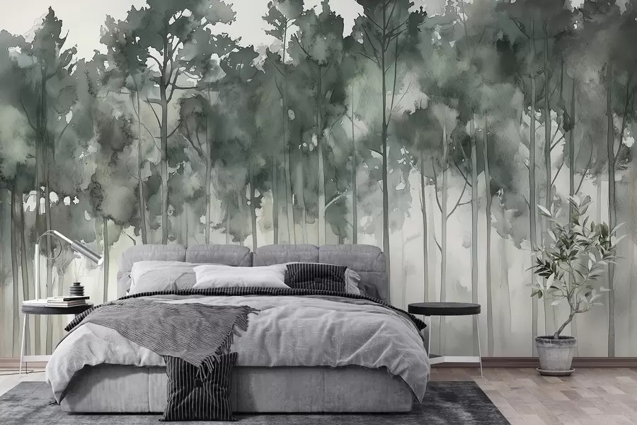 wall murals Шума у стилу акварела, борови, пејзаж природе, зелене боје w02937