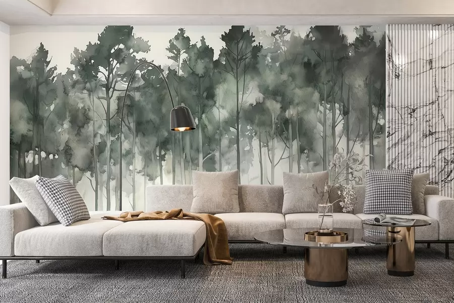 wall murals Шума у стилу акварела, борови, пејзаж природе, зелене боје w02937