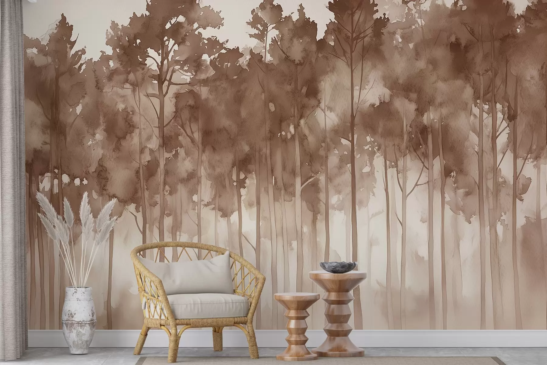 wall murals Шума у стилу акварела, борови, пејзаж природе, беж боје w02937v1