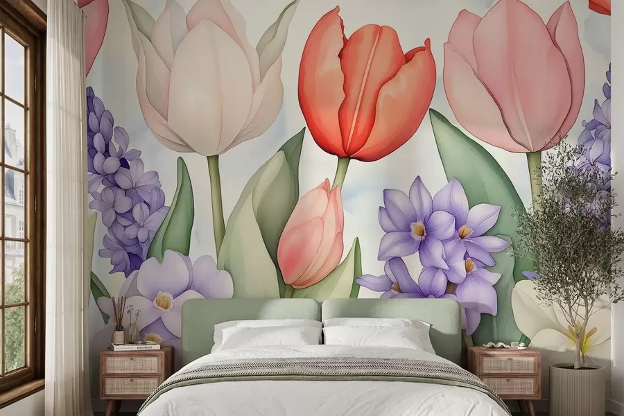 wall murals Пролећно цвеће, лале, зумбул, цртеж у акварелу, цветни w02940
