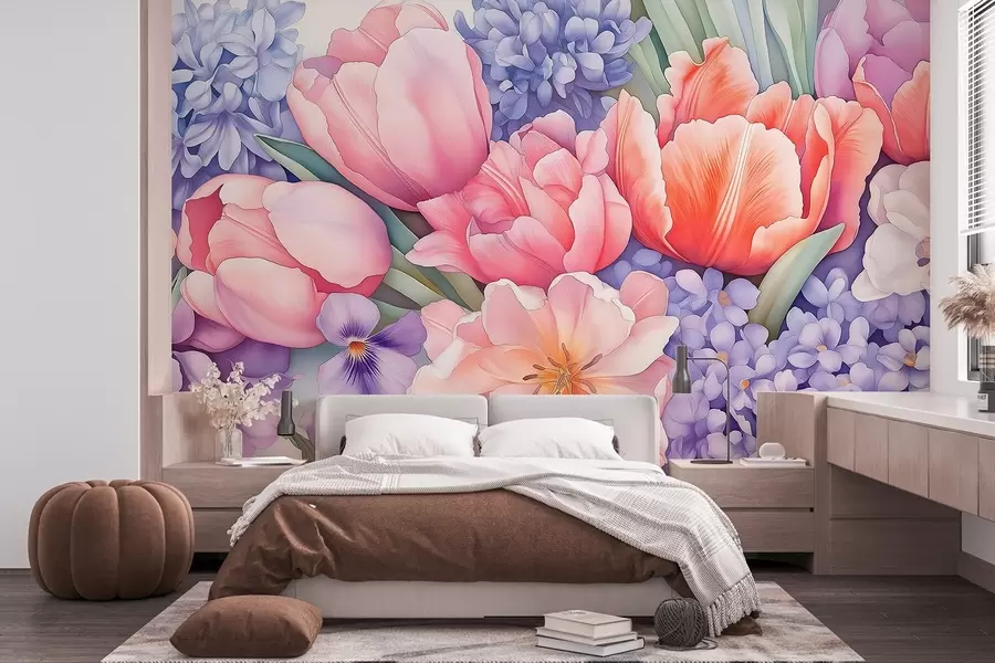 wall murals Цветни букет, лале, зумбул, љубичасте боје, пролеће w02941