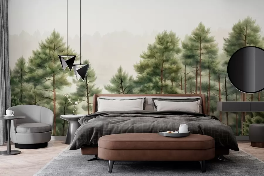 wall murals Шума са боровима, цртеж у стилу уља, природа w02942