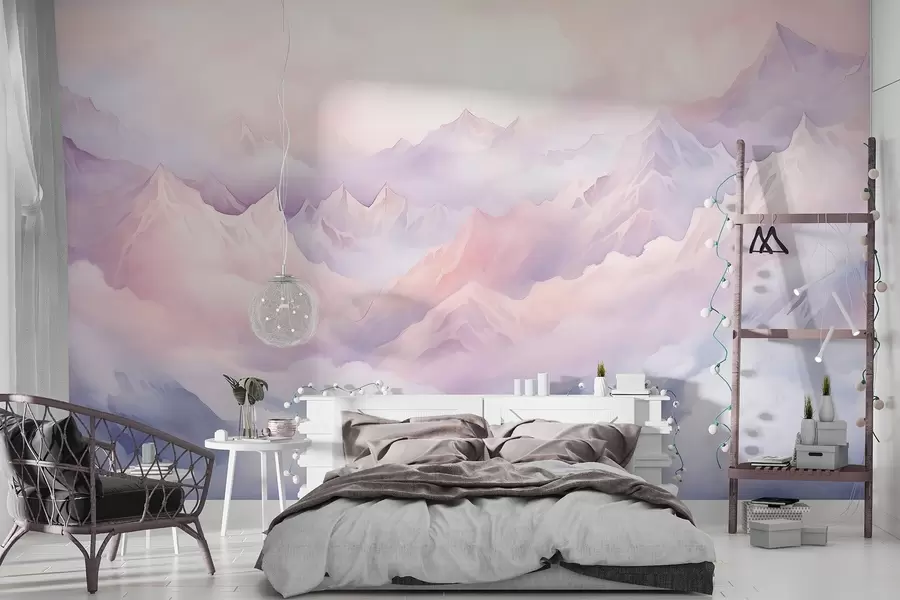 wall murals Етеричне планине са облацима, акварел стил, нежне љубичасте и розе боје w02943