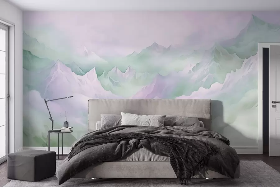 wall murals Етеричне планине са облацима, стил акварела, нежно зелене и розе боје w02943v1