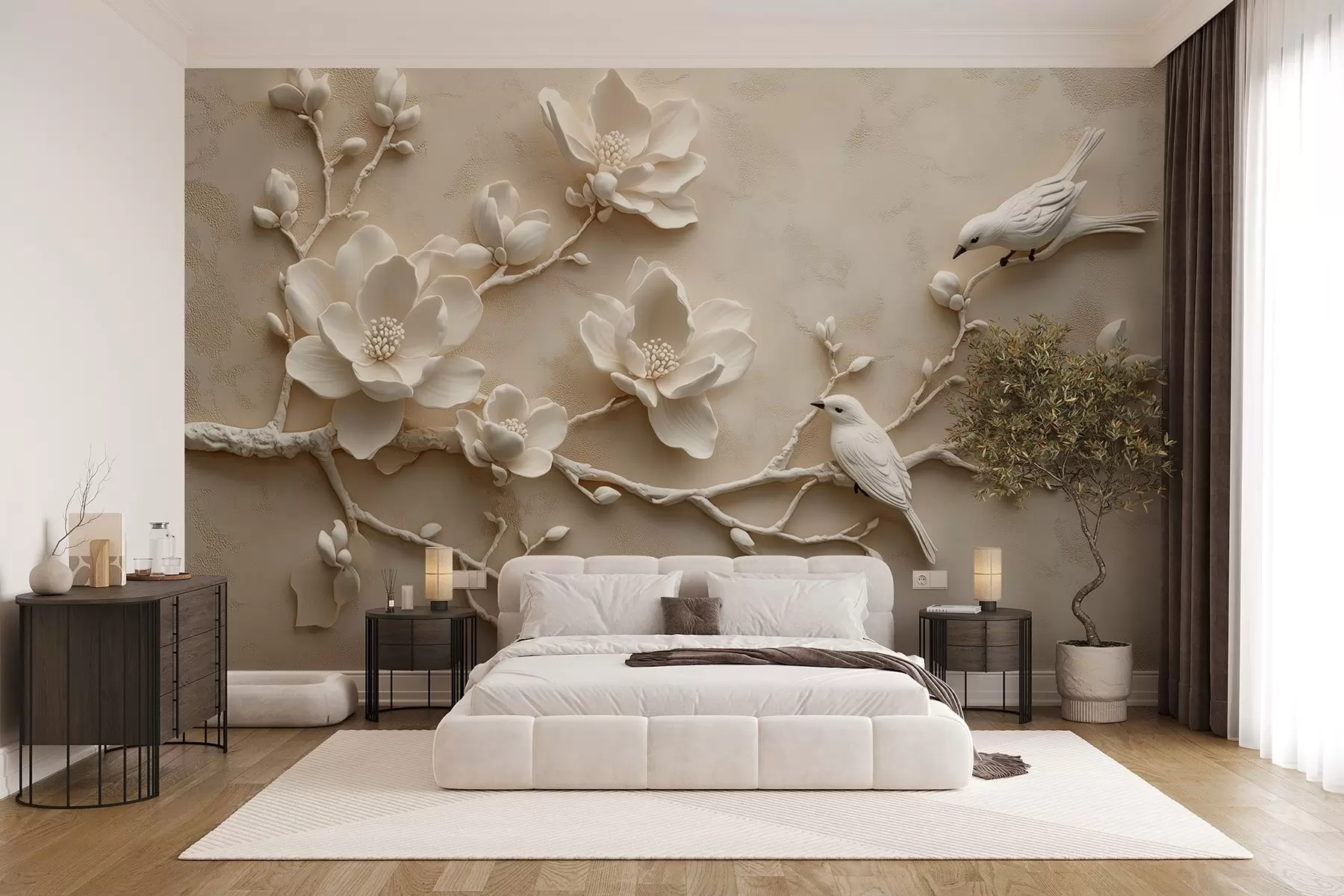 wall murals 3Д гране магнолије са птицама на њима w08690