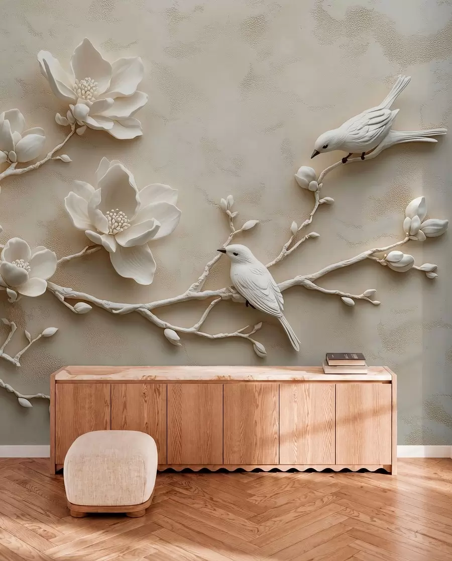 wall murals 3Д гране магнолије са птицама на њима w08690