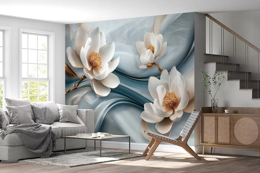 wall murals Цвеће магнолије у комбинацији са плавим, белим и жутим тоновима са апстрактним таласима w08695