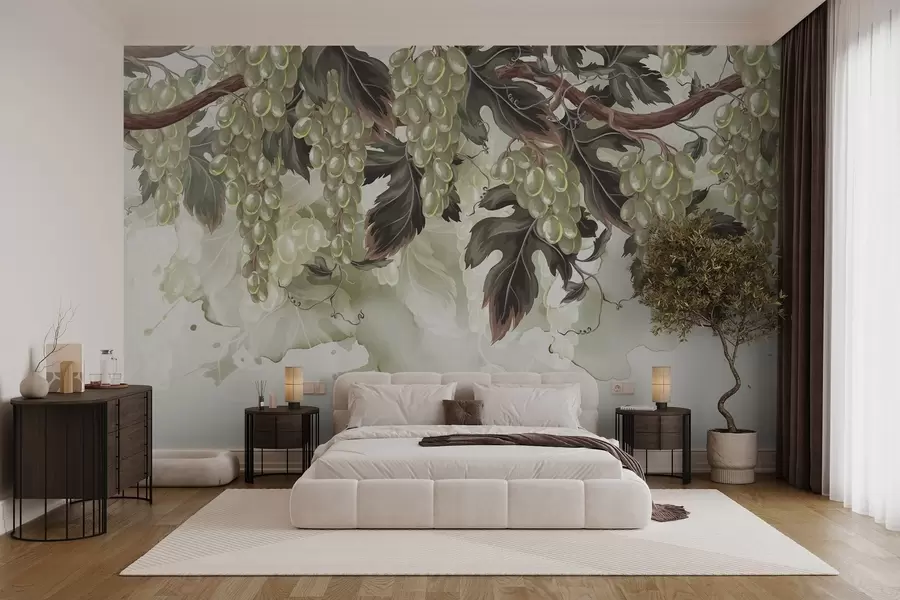 wall murals Грожђе виси са винове лозе са зеленим листовима, на светлој позадини са текстурама налик на акварел w08696
