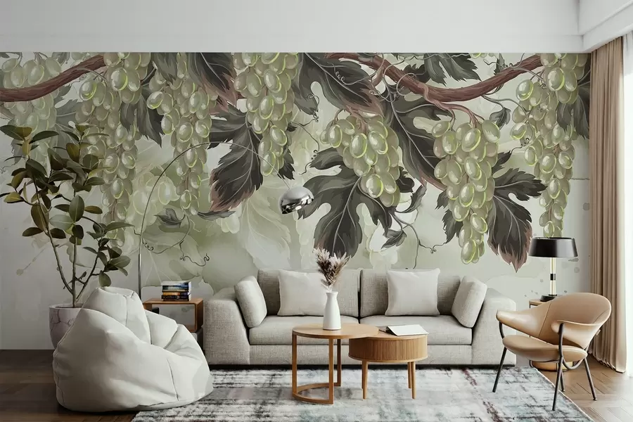 wall murals Грожђе виси са винове лозе са зеленим листовима, на светлој позадини са текстурама налик на акварел w08696