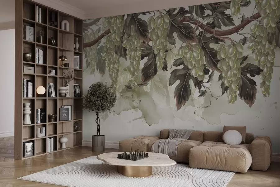 wall murals Грожђе виси са винове лозе са зеленим листовима, на светлој позадини са текстурама налик на акварел w08696