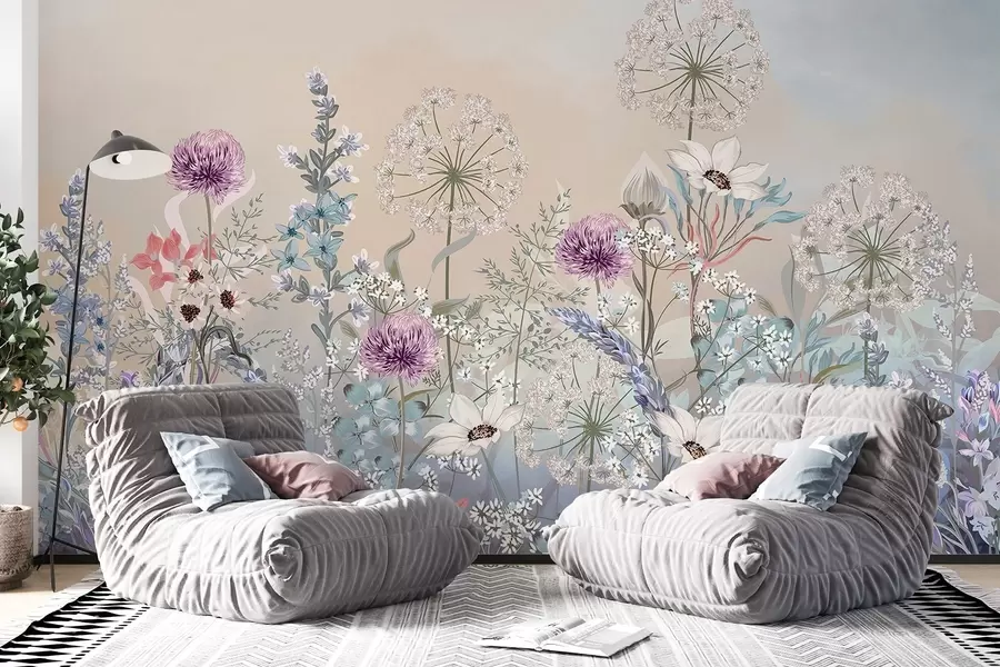 wall murals Жива цветна башта са разним цвећем и травом на нежној пастелној текстурираној позадини w08699