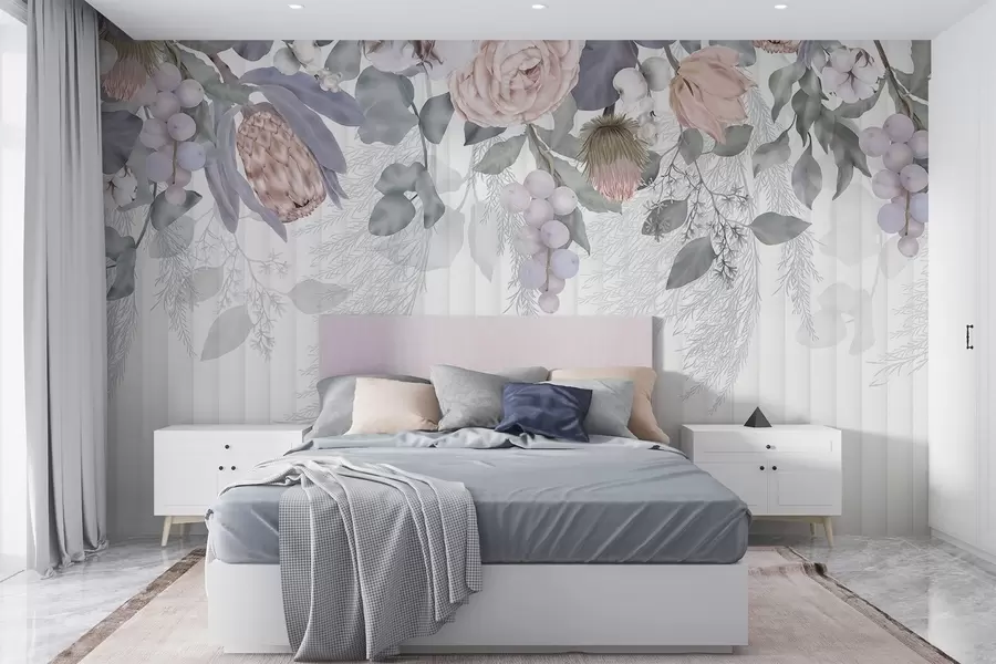 wall murals Цветне пастелне ружичасте руже, цвеће протеа, гране еукалиптуса и бобице на текстурираној позадини w08700