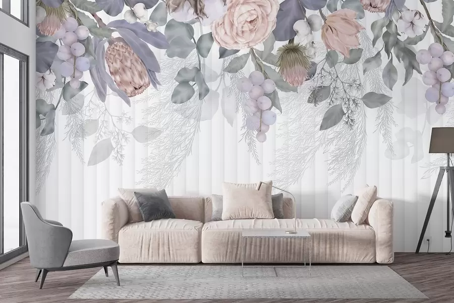 wall murals Цветне пастелне ружичасте руже, цвеће протеа, гране еукалиптуса и бобице на текстурираној позадини w08700