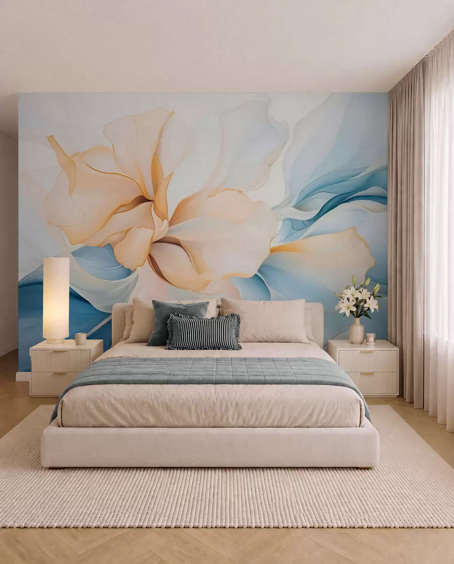 wall murals Тече апстрактне цветне латице прозирних и слојевитих облика у пастелним бојама, у брескви и плавим нијансама w08701
