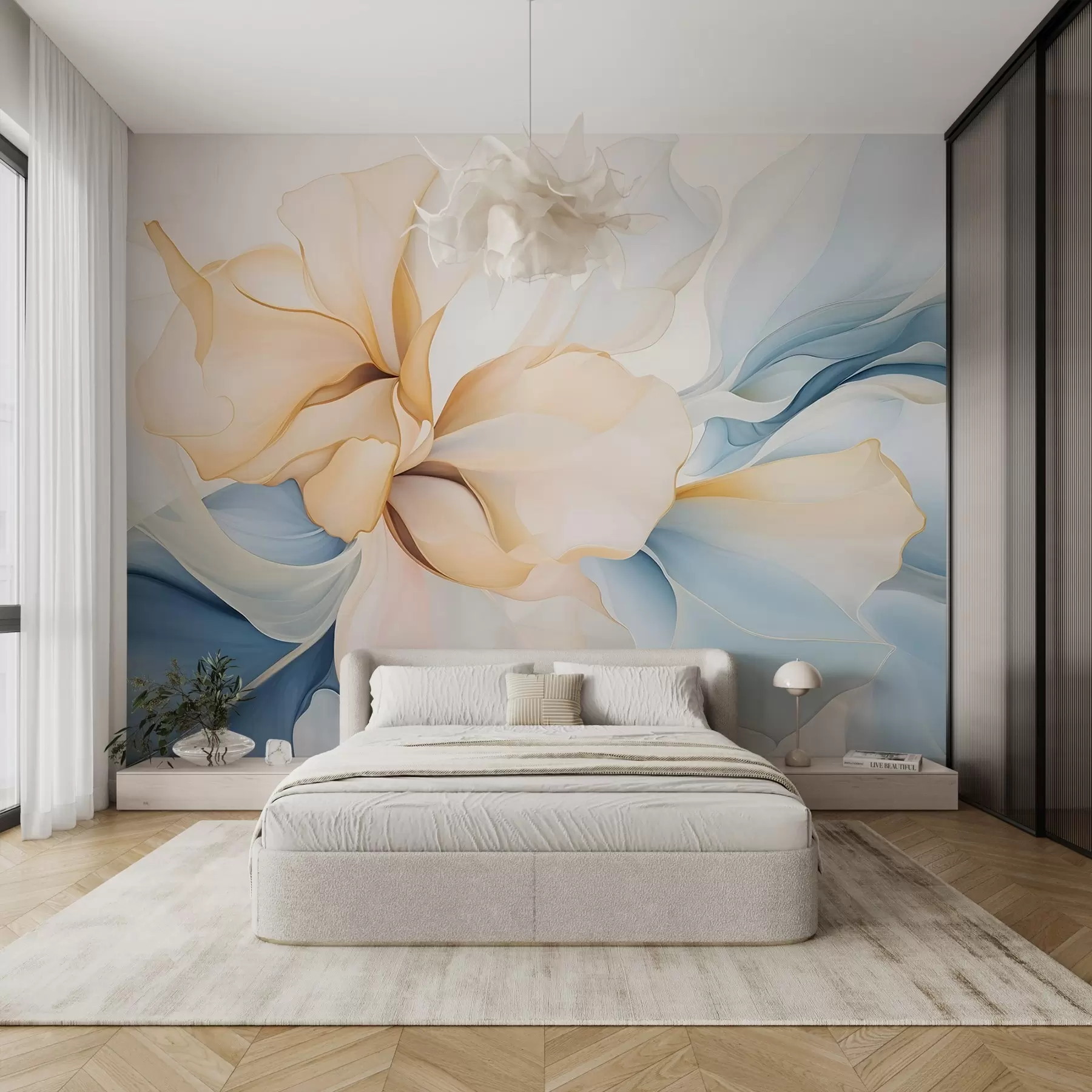 wall murals Тече апстрактне цветне латице прозирних и слојевитих облика у пастелним бојама, у брескви и плавим нијансама w08701