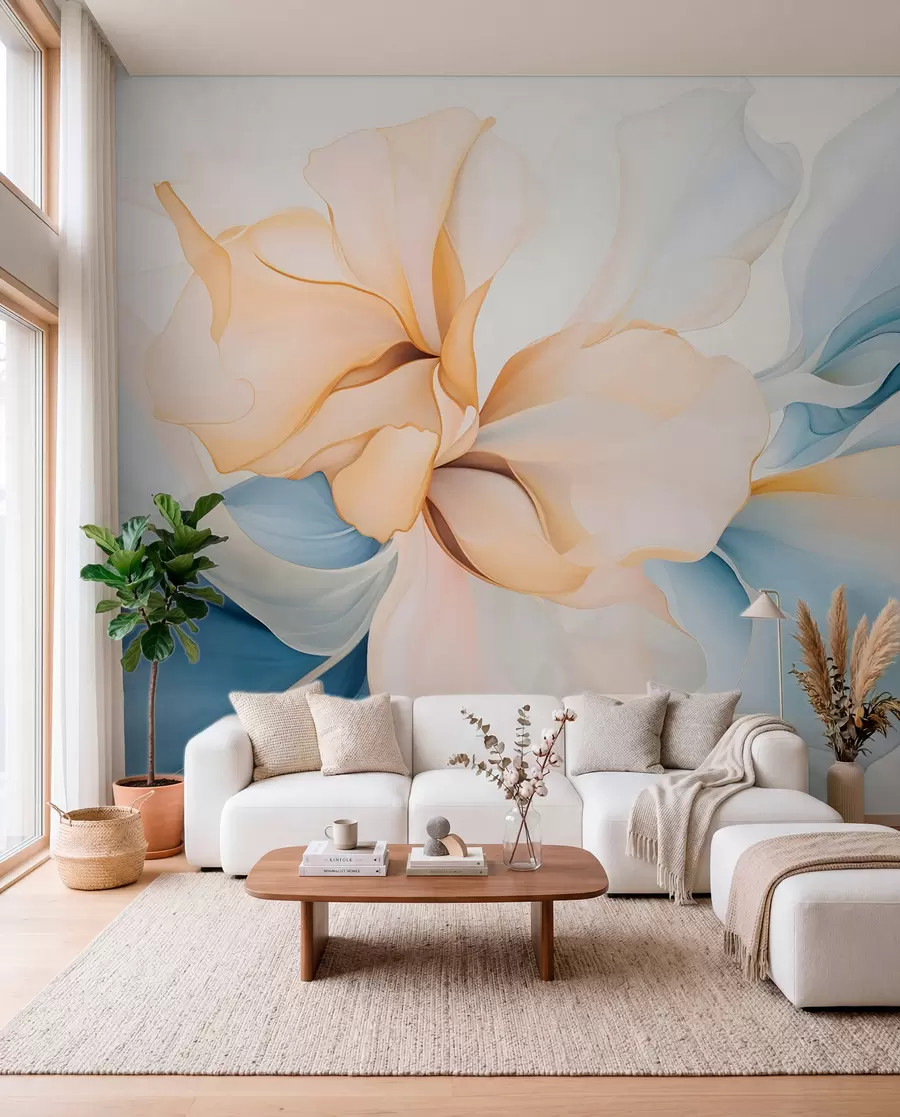 wall murals Тече апстрактне цветне латице прозирних и слојевитих облика у пастелним бојама, у брескви и плавим нијансама w08701