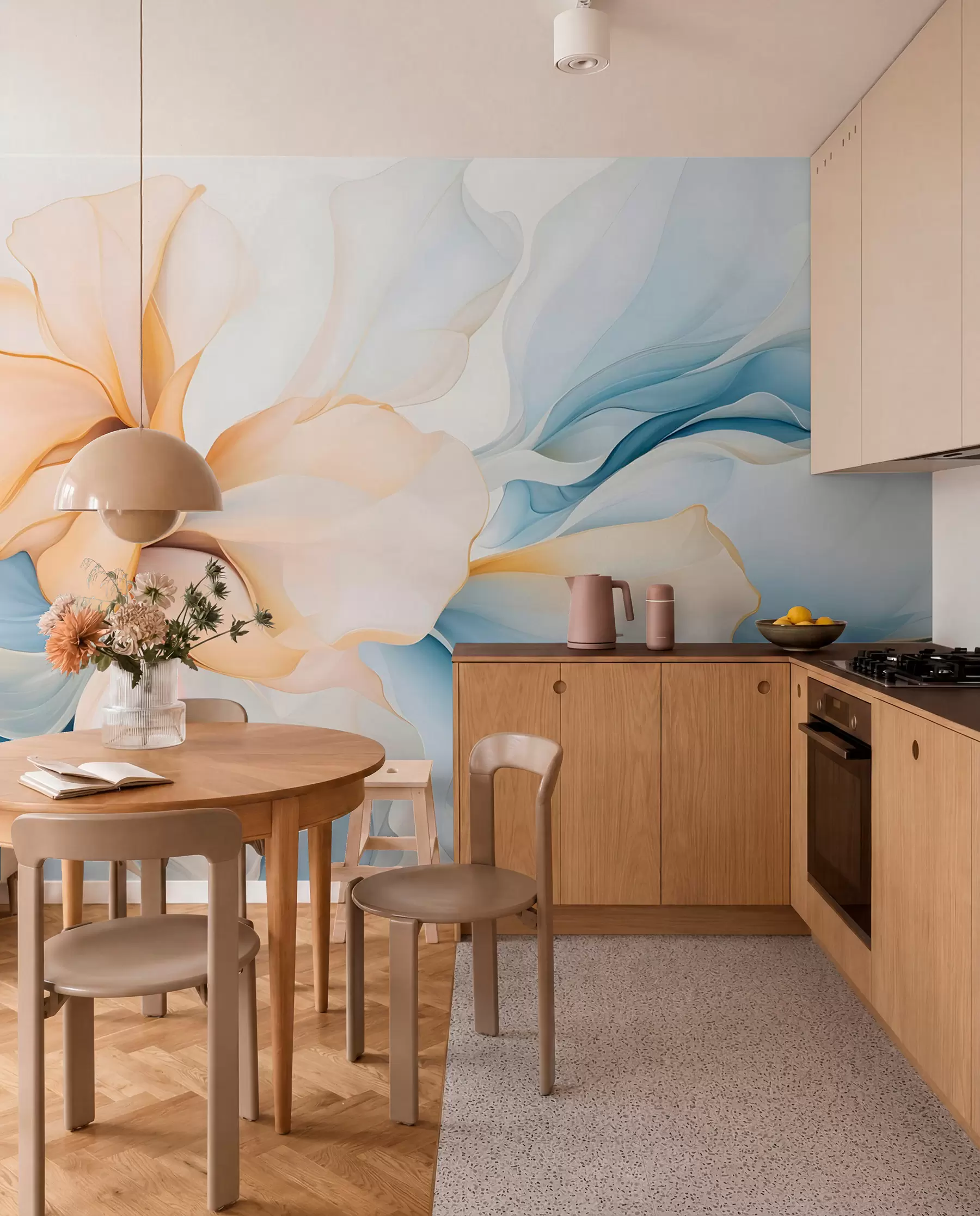 wall murals Тече апстрактне цветне латице прозирних и слојевитих облика у пастелним бојама, у брескви и плавим нијансама w08701