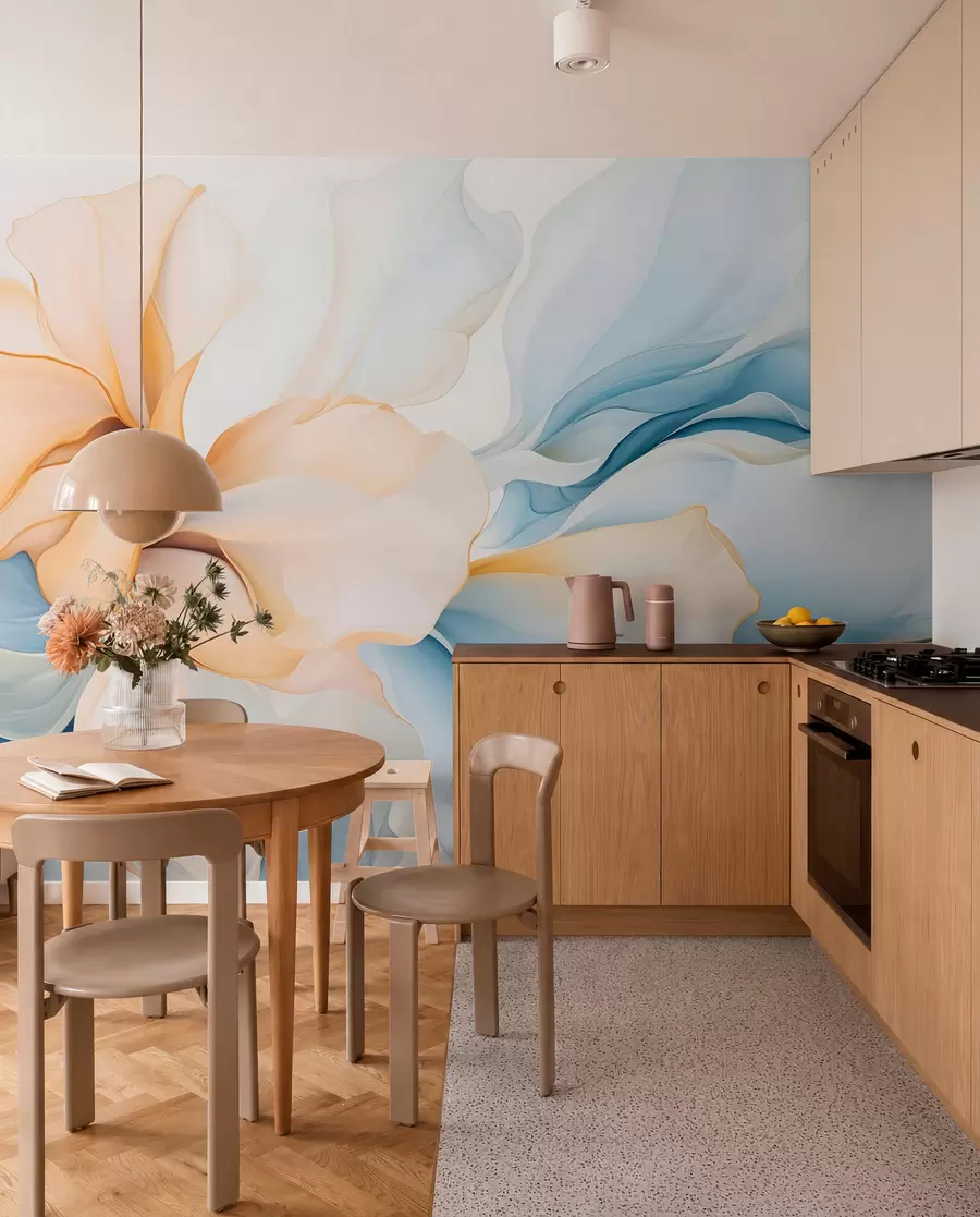wall murals Тече апстрактне цветне латице прозирних и слојевитих облика у пастелним бојама, у брескви и плавим нијансама w08701