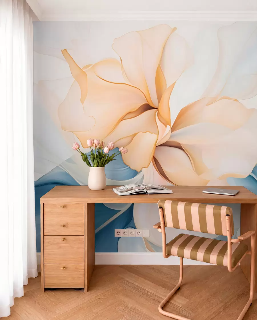 wall murals Тече апстрактне цветне латице прозирних и слојевитих облика у пастелним бојама, у брескви и плавим нијансама w08701