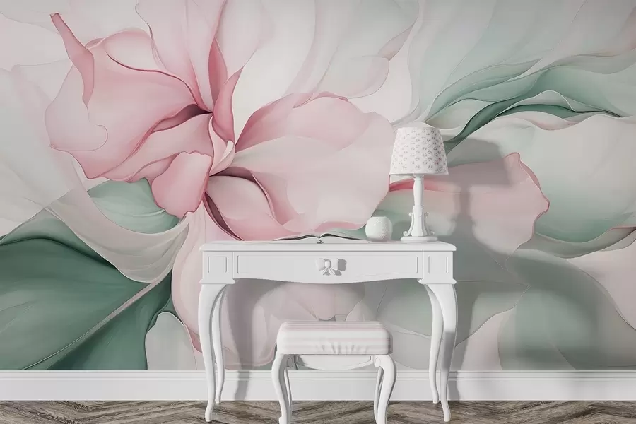 wall murals Тече апстрактне цветне латице прозирних и слојевитих облика у пастелним бојама, у ружичастим и зеленим нијансама w08701v1