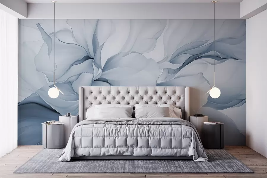 wall murals Тече апстрактне цветне латице прозирних и слојевитих облика у пастелним бојама, у плавим нијансама w08701v2