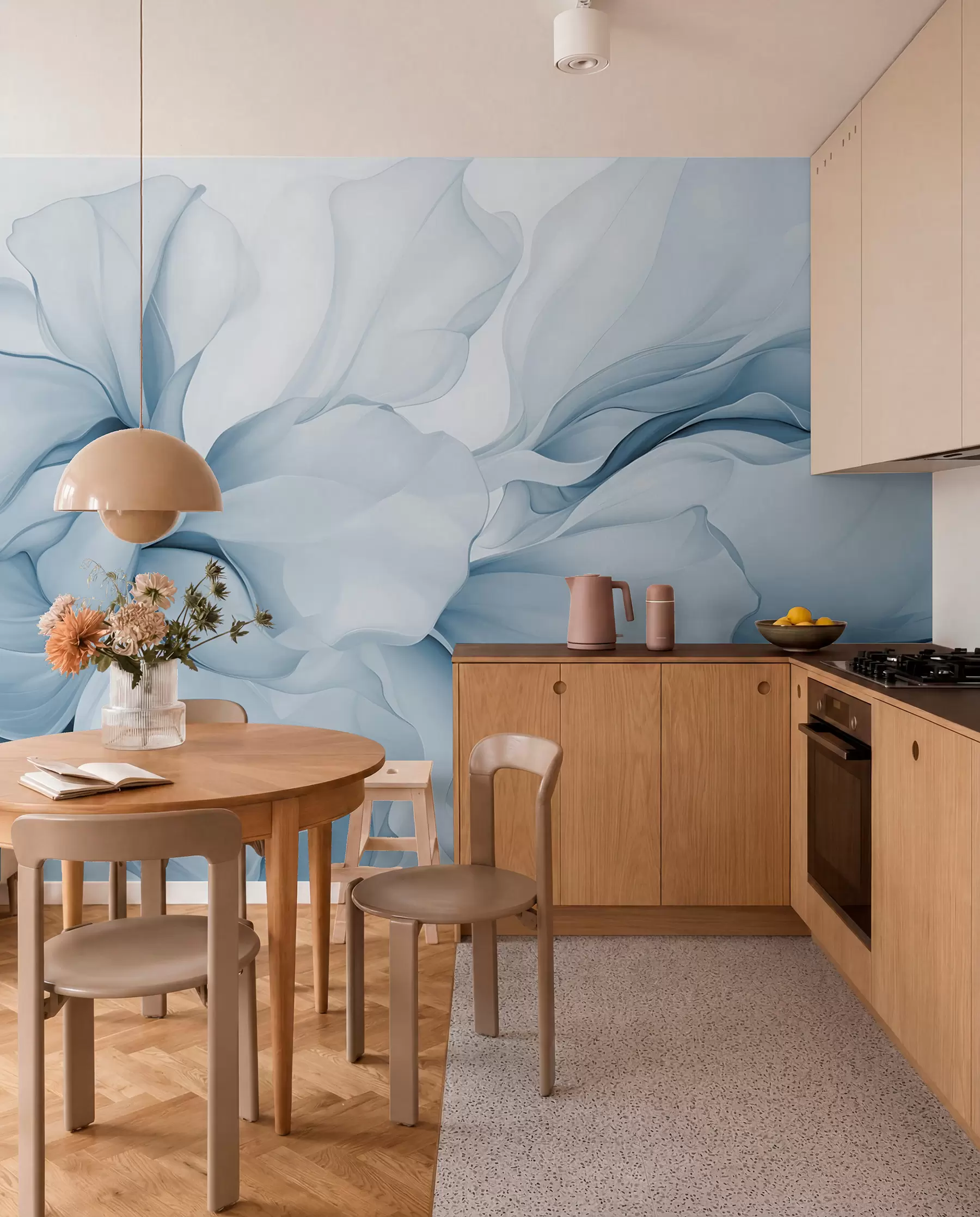 wall murals Тече апстрактне цветне латице прозирних и слојевитих облика у пастелним бојама, у плавим нијансама w08701v2