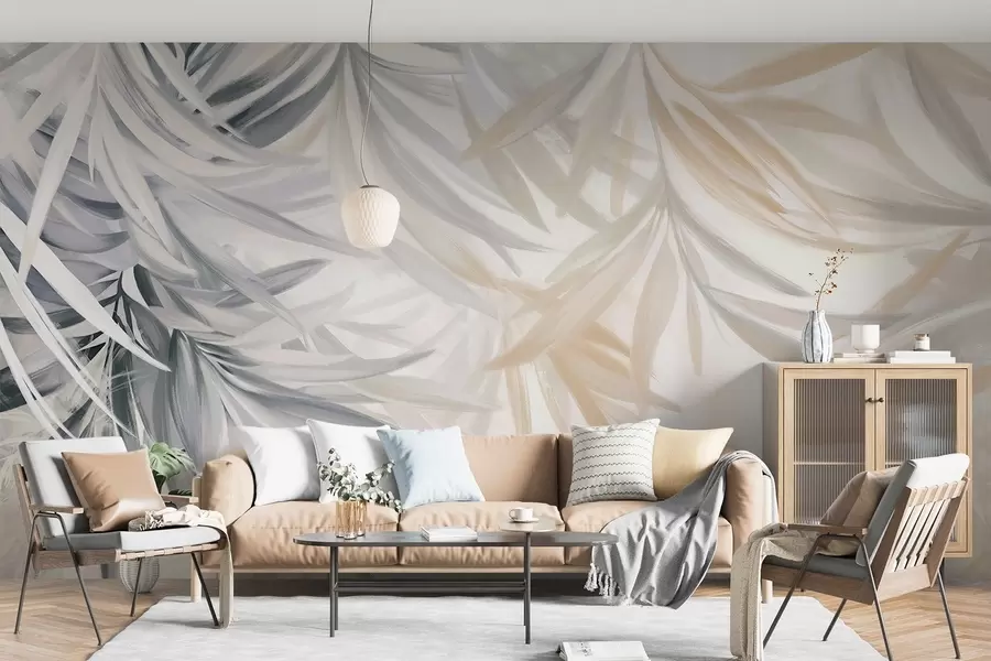 wall murals Меко, тече тропско лишће светле боје у нијансама сиве и брескве, стапајући се у бледи, неутрални отисак w08703