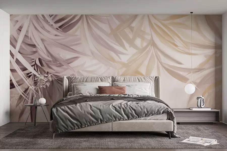 wall murals Меко, тече тропско лишће светле боје у нијансама браон и наранџасте, стапајући се у бледи, неутрални отисак w08703v1