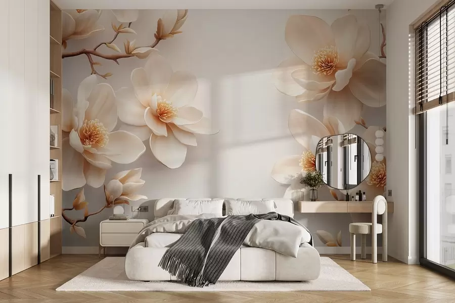 wall murals Прелепи цветови магнолије крем боје на белој позадини w08704