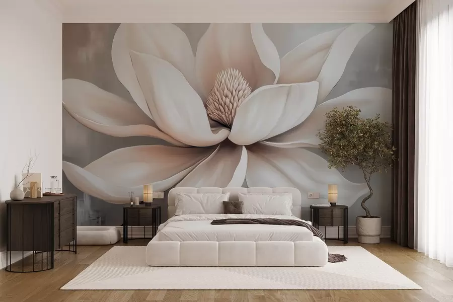 wall murals Елегантан цвет магнолије са дугим, глатким латицама на меко сивој позадини w08705