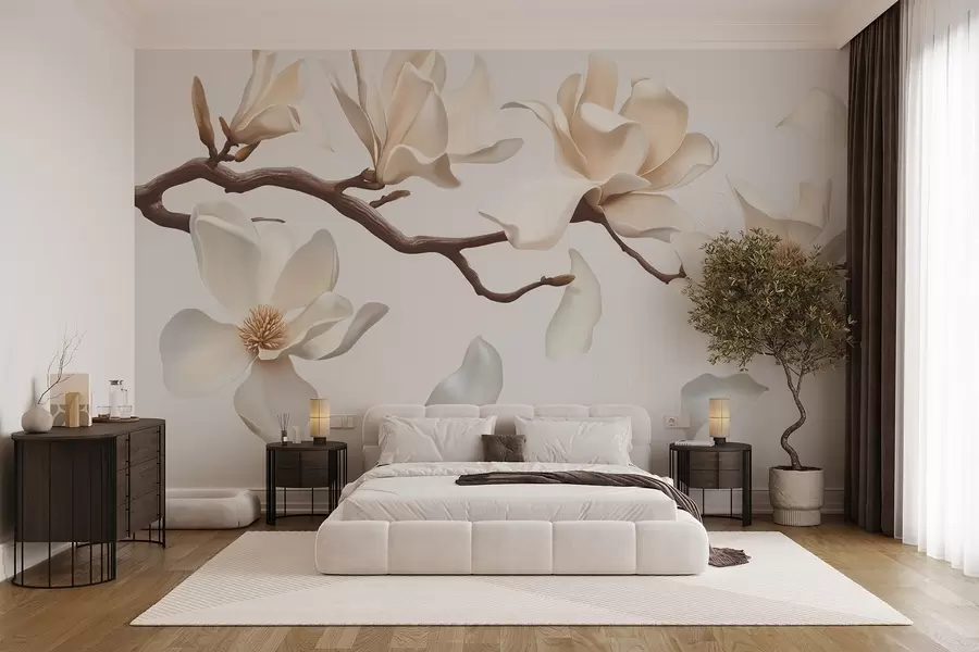 wall murals Грана дрвета са нежним цветовима магнолије и падајућим латицама w08706