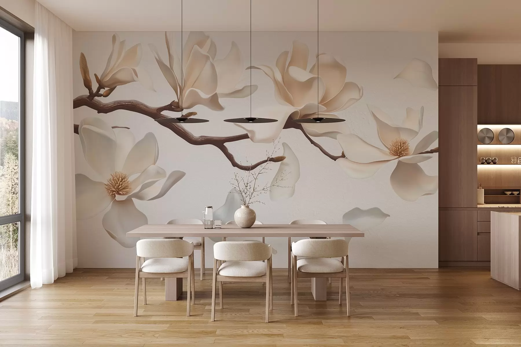 wall murals Грана дрвета са нежним цветовима магнолије и падајућим латицама w08706