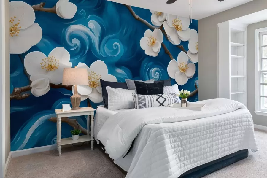 wall murals Расцветано дрво бадема у Ван Гоговом стилу, бело цвеће на облачном плавом небу w08707