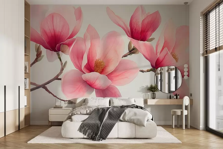 wall murals Ружичаста пролећна магнолија цвета у стилу акварела на светлосивој позадини w08709