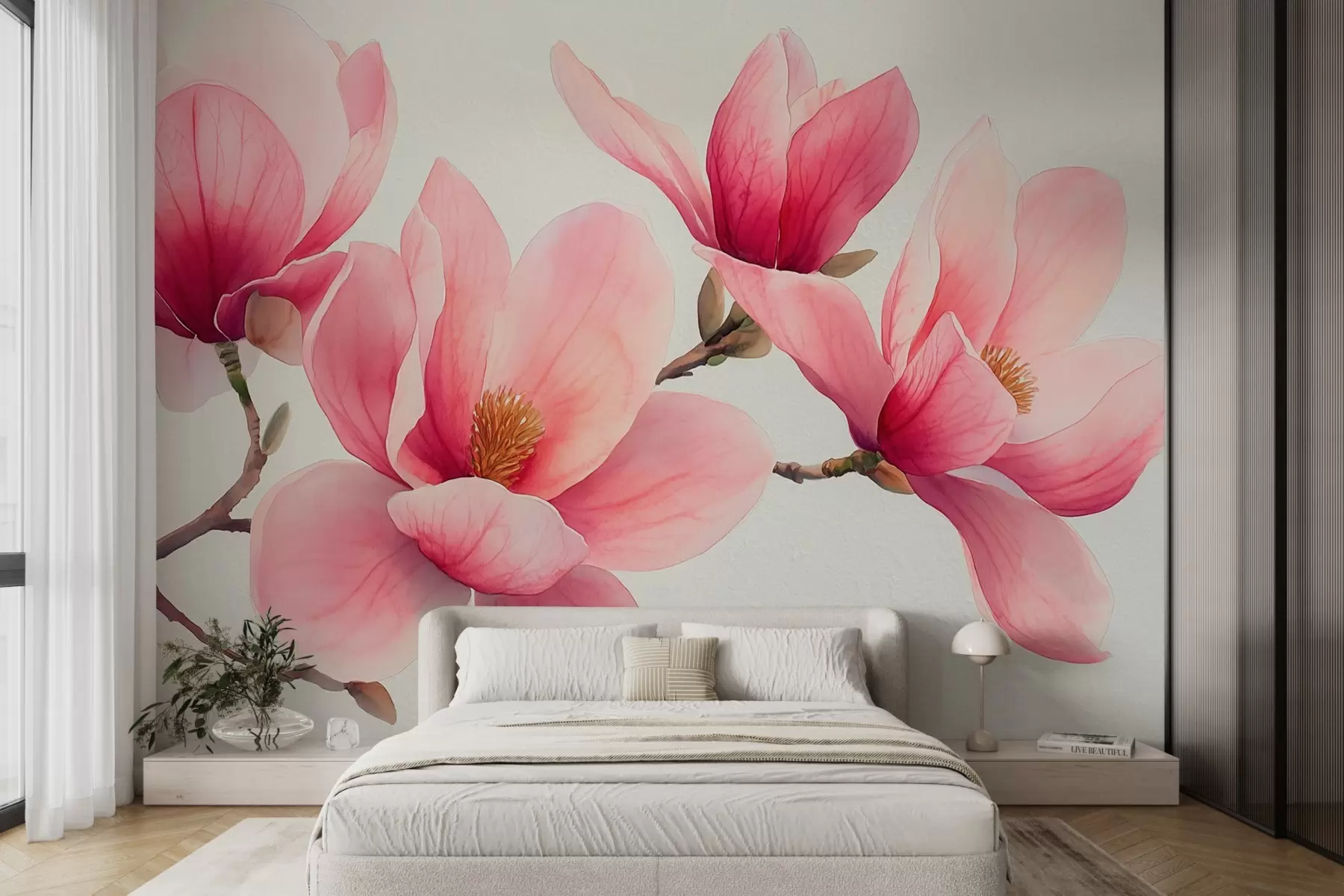 wall murals Ружичаста пролећна магнолија цвета у стилу акварела на светлосивој позадини w08709