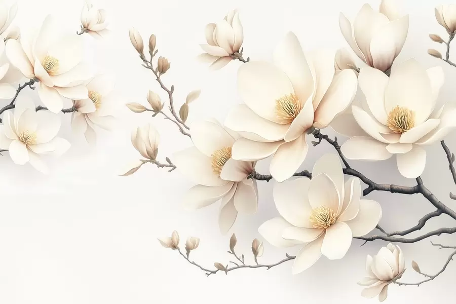 wall murals Прелепи цветови магнолије крем боје на белој позадини w08721