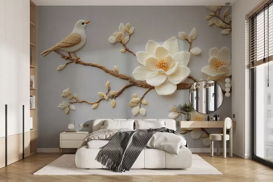 wall murals У стилу везеног цвећа магнолије са птицом на грани на светло плавој позадини w08724
