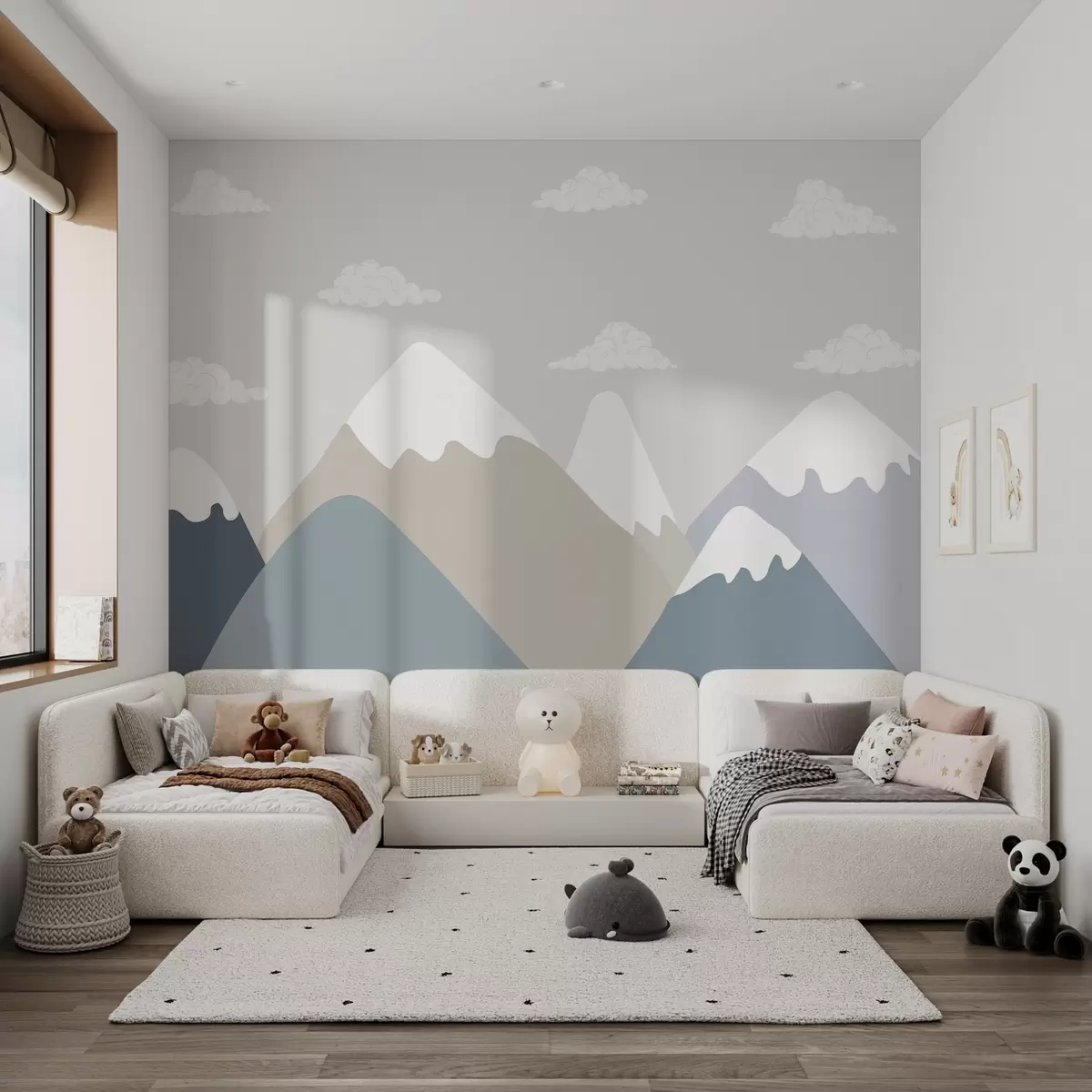 wall murals Минималистички планински пејзаж са снежним врховима у пригушеним сиво-плавим и беж тоновима, допуњеним малим облацима w03040