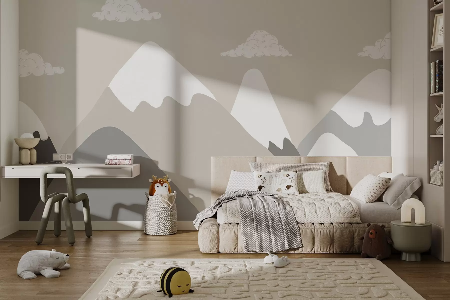 wall murals Минималистички планински пејзаж са снежним врховима у мирним сиво-беж тоновима, допуњеним меким белим облацима w03040v1