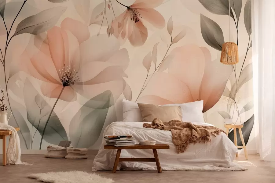 wall murals нежно прозрачно цвеће у топлим земљаним нијансама w03010