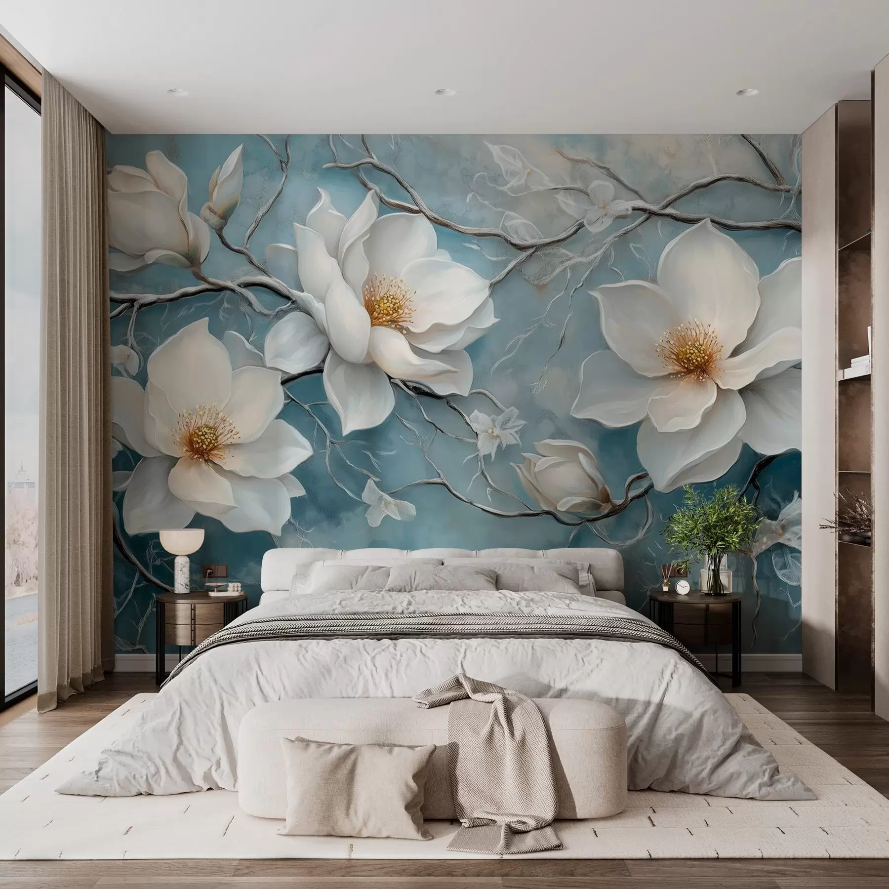 wall murals Смрзнуто бело цвеће на плавој позадини у стилу уљаног сликарства w03018
