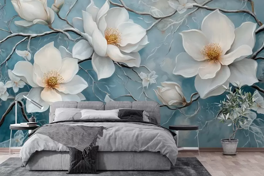 wall murals Смрзнуто бело цвеће на плавој позадини у стилу уљаног сликарства w03018