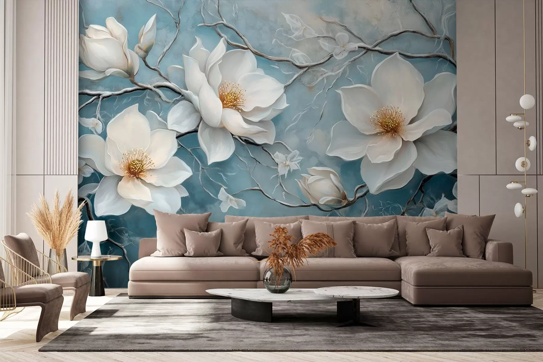 wall murals Смрзнуто бело цвеће на плавој позадини у стилу уљаног сликарства w03018