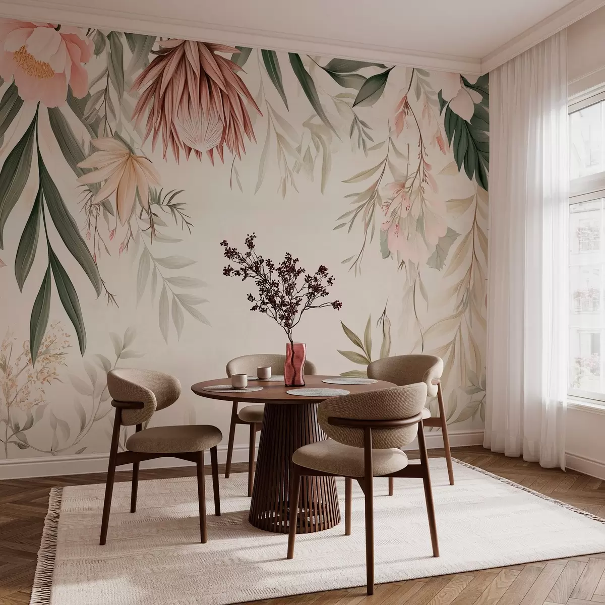 wall murals Цвет протеје међу разним листовима и биљкама у топлим беж и зеленим тоновима w03019