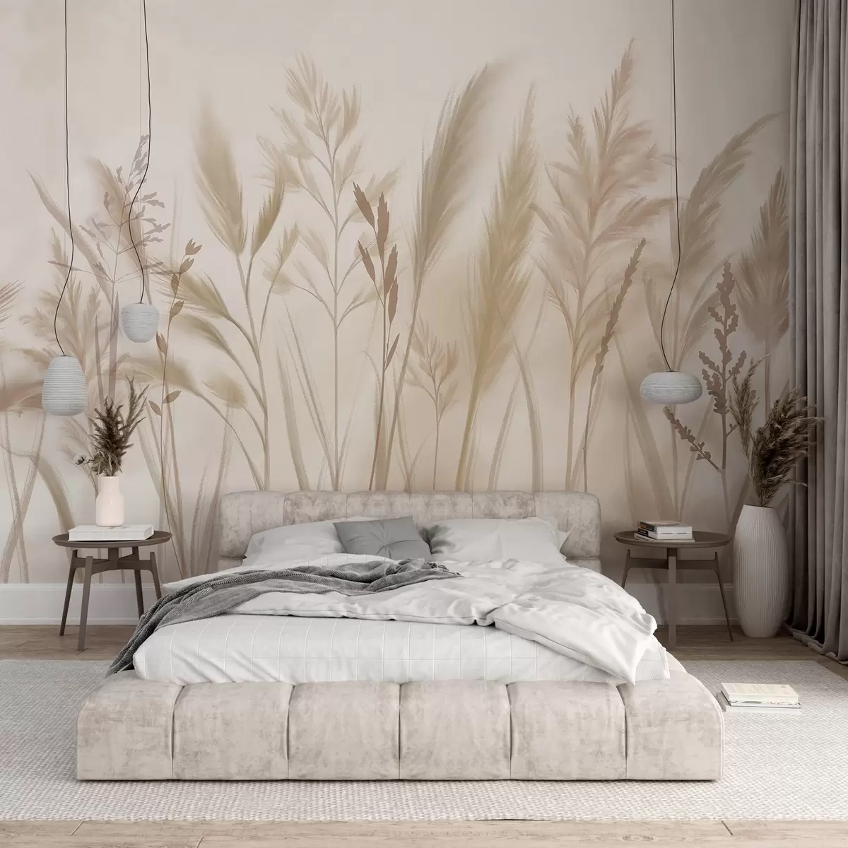 wall murals Високе, нежне траве, класови и биљке у меким беж и крем тоновима, на светло замућеној позадини w08736