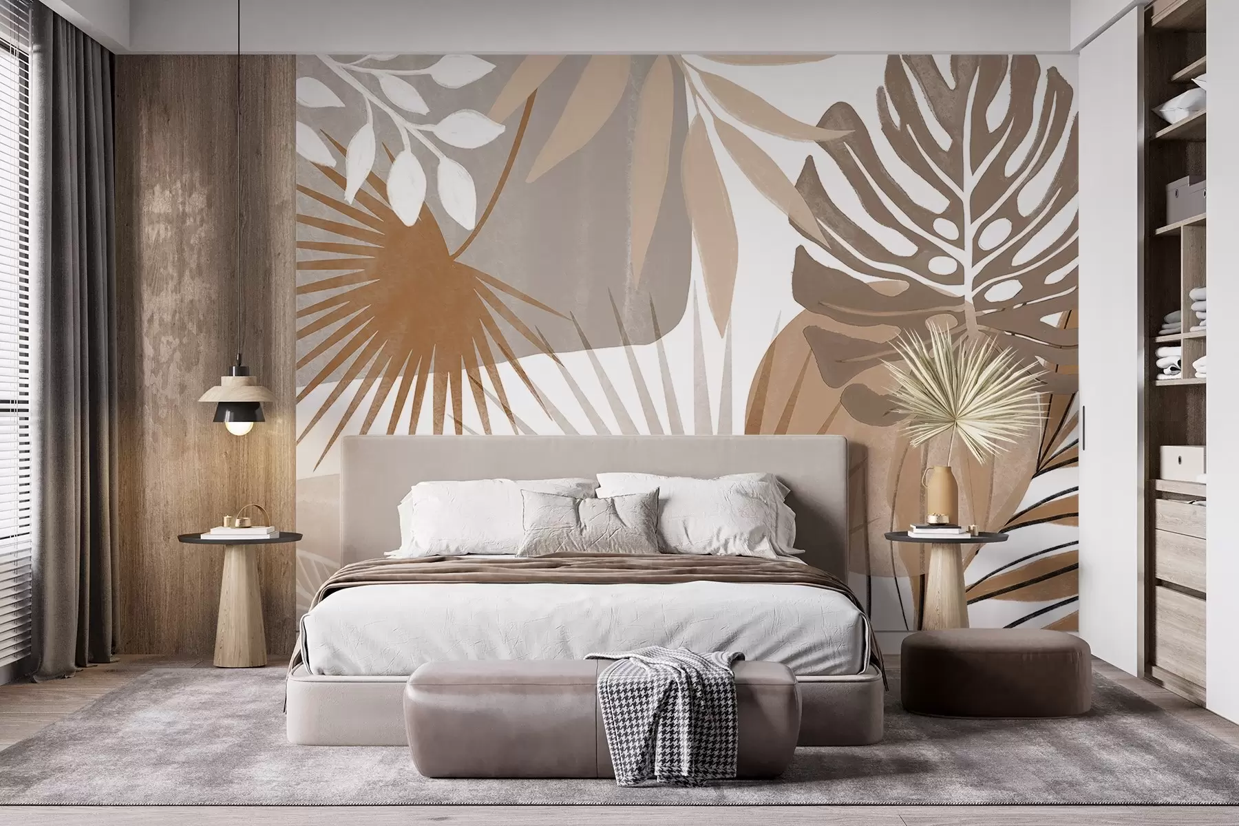 wall murals Апстрактни дизајн са разним тропским листовима и земљаним тоновима браон, беж и крем  w08738